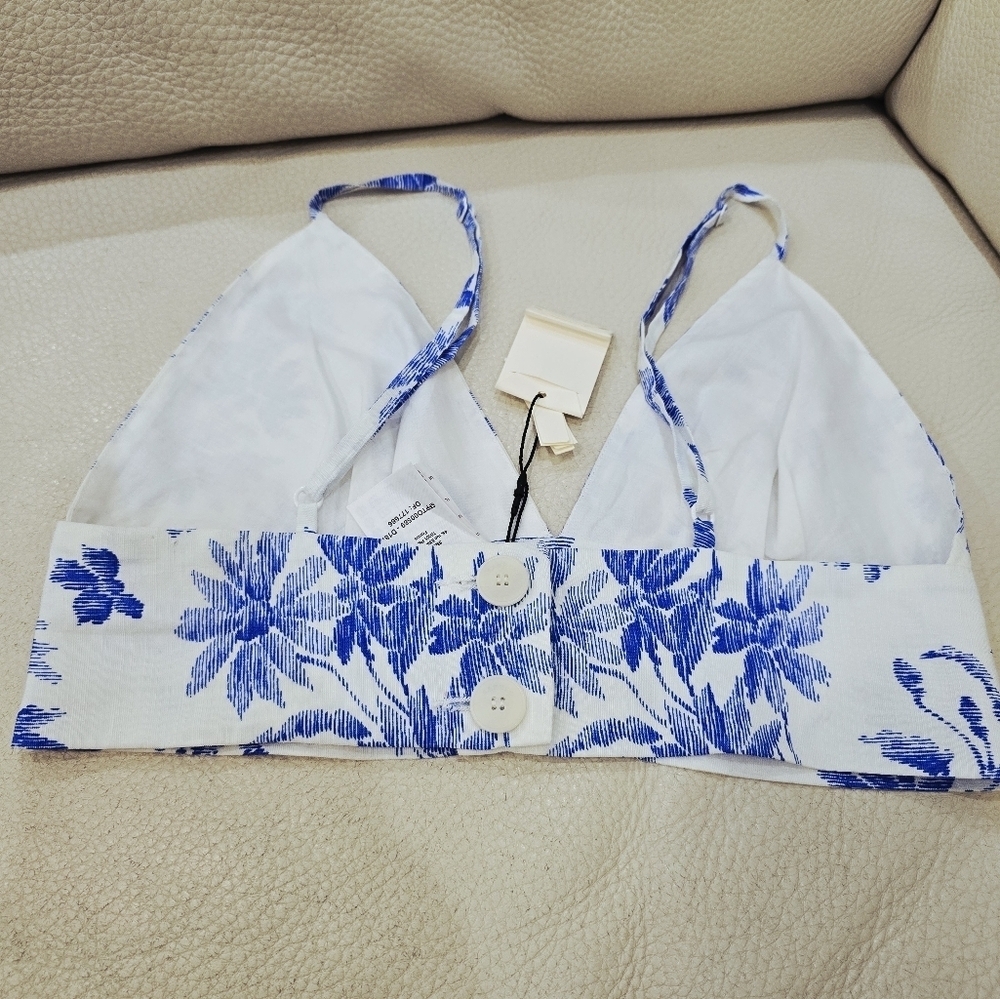 SANDRO Floral Blue WHITE CROP Bralette Top LINEN VISCOSE lined Size 1 S - Picture 6 of 15